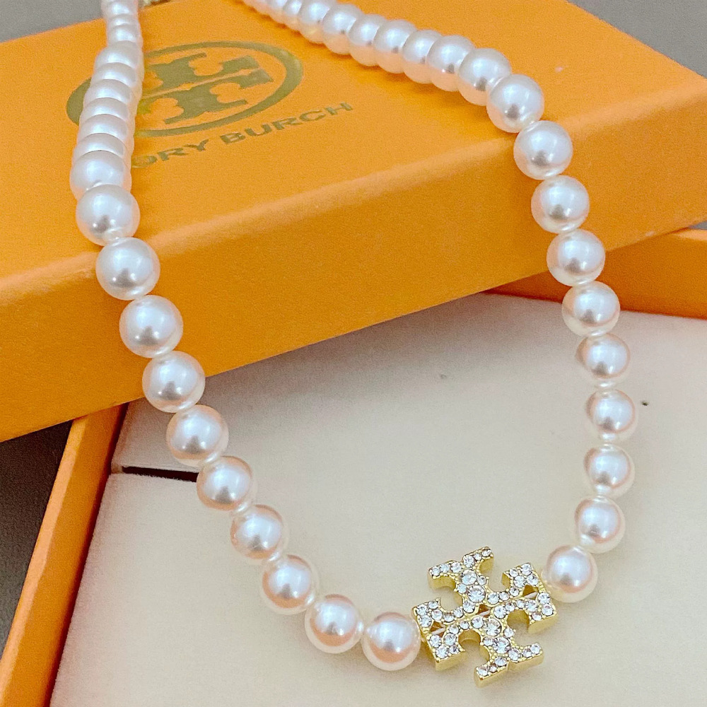 Tory Burch Letter Pearl Rhinestone Metal Necklace - Picture 7 of 7
